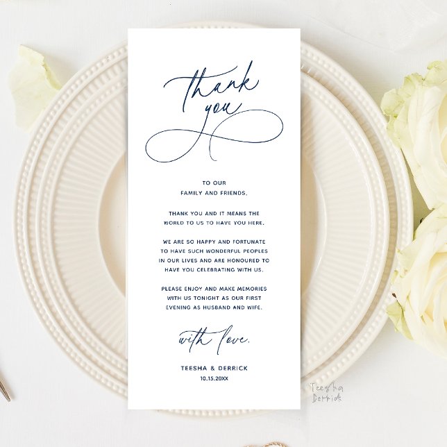 Romantic Wed Dinner Place Setting Thank You Card (Romantic Wedding Place Setting Thank You Card in Navy Blue)