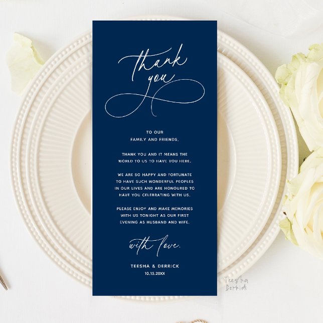 Romantic Wed Dinner Place Setting Thank You Card (Romantic Wedding Place Setting Thank You Card in Navy Blue)