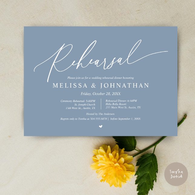 Romantic Wedding Ceremony and Dinner Rehearsal  Invitation (Romantic Wedding Ceremony and Dinner Rehearsal Invitation Card, PDF, Dusty Blue Contemporary)