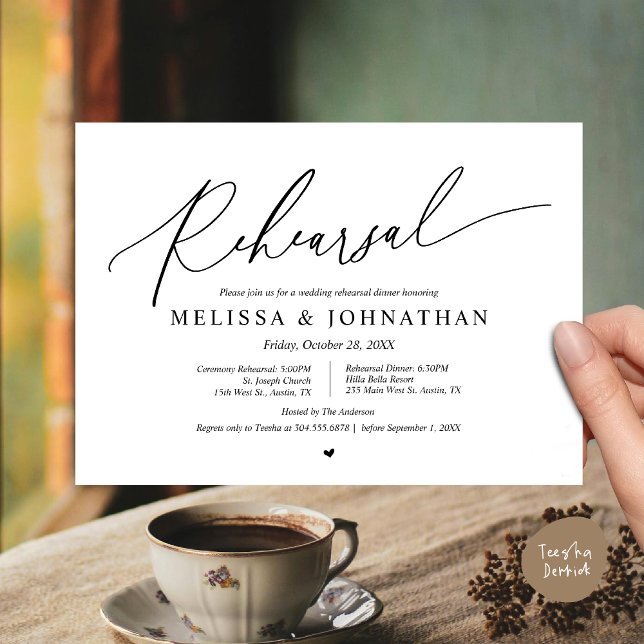Romantic Wedding Ceremony and Dinner Rehearsal  Invitation (Romantic Wedding Ceremony and Dinner Rehearsal Invitation Card, PDF, White Black)