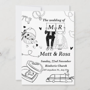 Romantic Wedding Couple Line Art Illustration Invitation