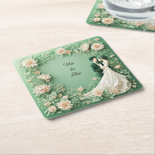 Romantic Wedding Couple Square Paper Coaster