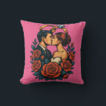 Romantic Wedding Couple Throw Pillow<br><div class="desc">Add a romantic touch to any space with this elegant wedding-themed throw pillow. Featuring a stunning 3D vector-style illustration of a loving couple, golden wedding rings, and delicate floral elements — this pillow is both emotionally engaging and artistically bold. Crafted with soft, high-quality materials, this throw pillow makes the perfect...</div>