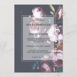 Romantic Wedding Dark Black Moody Pink Florals 2 Invitation