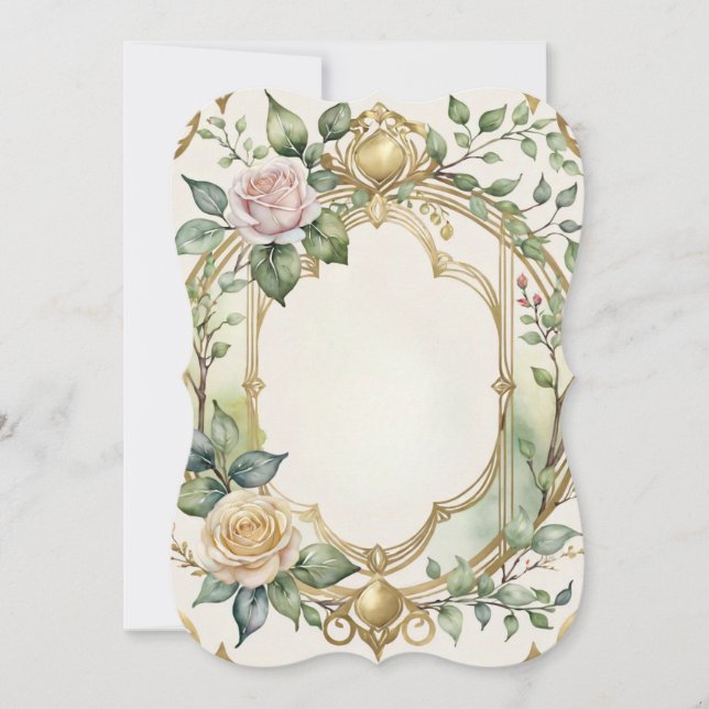 romantic wedding floral gold frame invitation (Front)