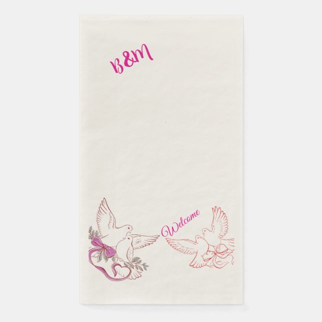 Romantic Wedding Guest Towel with Doves and Welcom Napkin (Front)