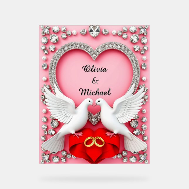 Romantic Wedding Heart Frame with Doves Acrylic Sign (Front)