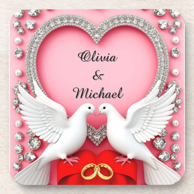 Romantic Wedding Heart Frame with Doves Coaster (Front)