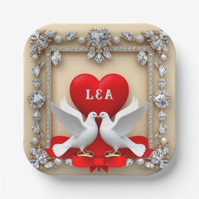 Romantic Wedding Heart Frame with Doves Paper Plate (Front)