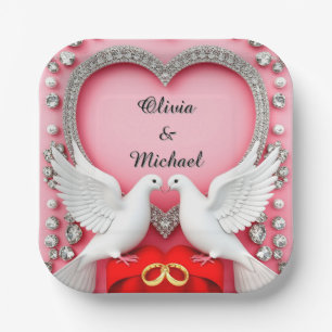Romantic Wedding Heart Frame with Doves Paper Plate