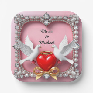 Romantic Wedding Heart Frame with Doves Paper Plate