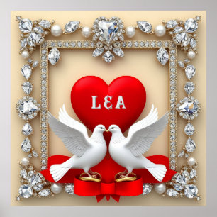 Romantic Wedding Heart Frame with Doves Poster