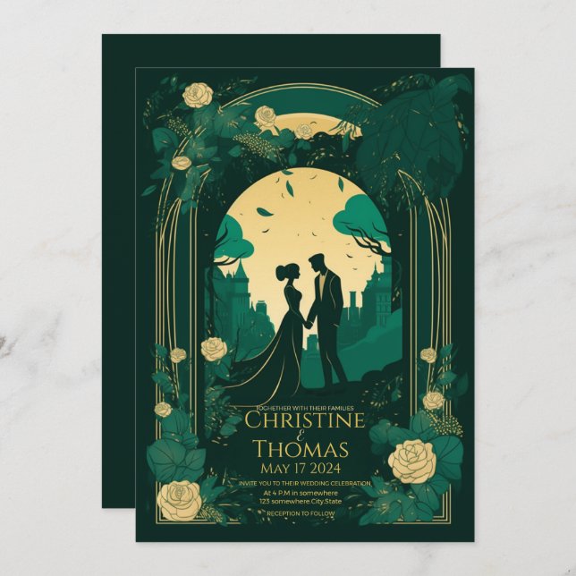 Romantic wedding invitation Emerald Green and Gold (Front/Back)