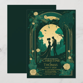 Romantic wedding invitation Emerald Green and Gold