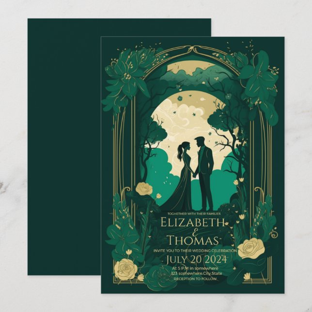 Romantic wedding invitation Green Emerald and Gold (Front/Back)