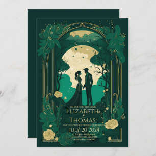 Romantic wedding invitation Green Emerald and Gold