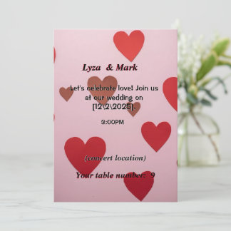 Romantic wedding invitation with red hearts