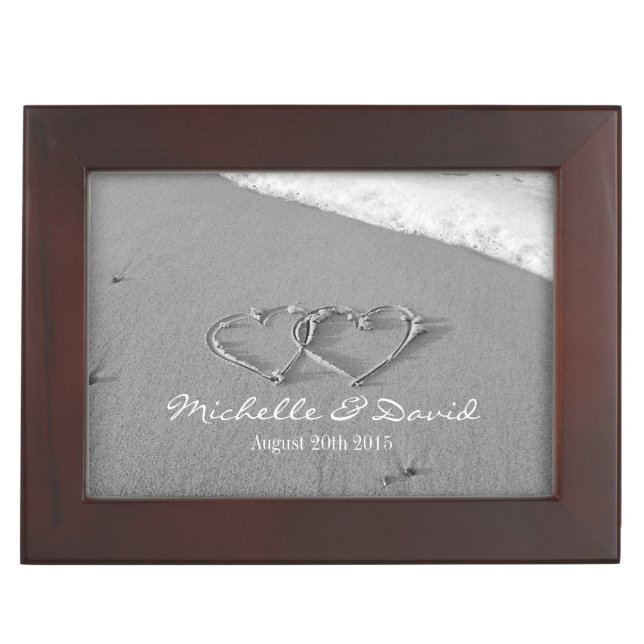 Romantic wedding keepsake box with hearts in sand (Front)