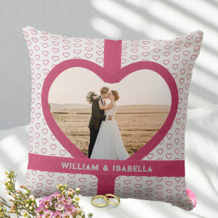 Romantic Wedding Love Photo Ribbon Heart  Grey Cushion
