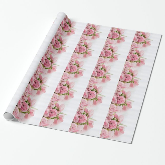 Romantic Wedding Love Soft Pink Flower Bouquet Wrapping Paper (Unrolled)