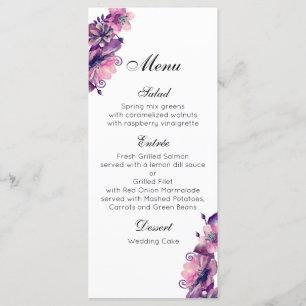 Romantic wedding menu pink. Purple dinner menu