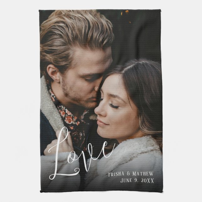 Romantic Wedding Photo, Love, Names & Date Tea Towel (Vertical)