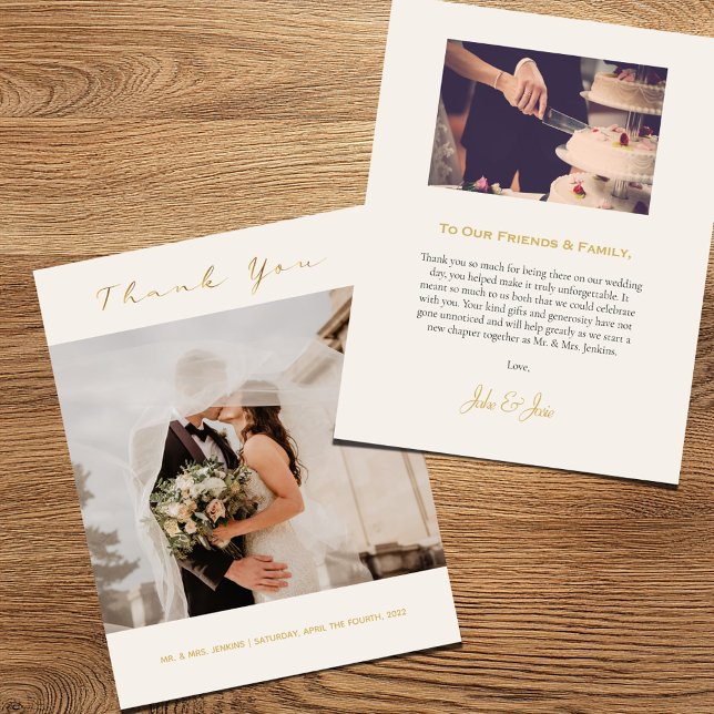 Romantic wedding photo, modern thank you card (Wedding thank you card with a photo on the front and back and text in gold)