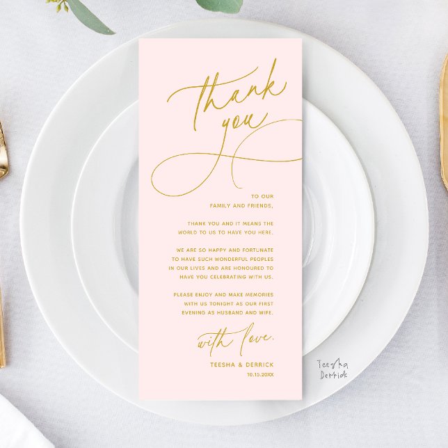 Romantic Wedding Place Setting Thank You Card (Romantic Wed Dinner Place Setting Thank You Card in Gold Yellow Blush)