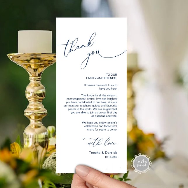 Romantic Wedding Place Setting Thank You Card (Romantic Wedding Dinner Place Setting Thank You Card, Plate Decor, in Navy Blue)
