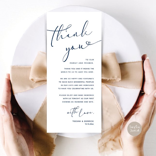 Romantic Wedding Place Setting Thank You Card (Romantic Wedding Dinner Lunch Brunch Party Place Setting Thank You Card Navy Blue)