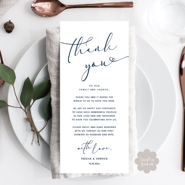 Romantic Wedding Place Setting Thank You Card (Romantic Wedding Dinner Lunch Brunch Party Place Setting Thank You Card Navy Blue)