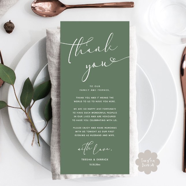 Romantic Wedding Place Setting Thank You Card (Romantic Wedding Dinner Lunch Brunch Party Place Setting Thank You Card Sage Green)