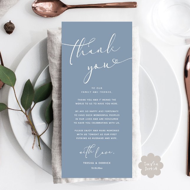 Romantic Wedding Place Setting Thank You Card (Romantic Wedding Dinner Lunch Brunch Party Place Setting Thank You Card Dusty Blue)