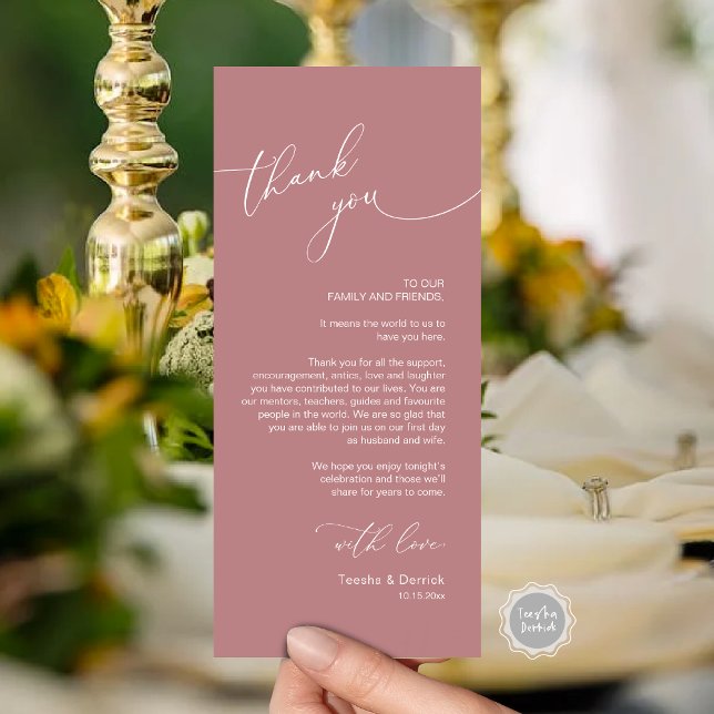 Romantic Wedding Place Setting Thank You Card (Romantic Wedding Dinner Place Setting Thank You Card, Plate Decor, in Dusty Rose Pink)
