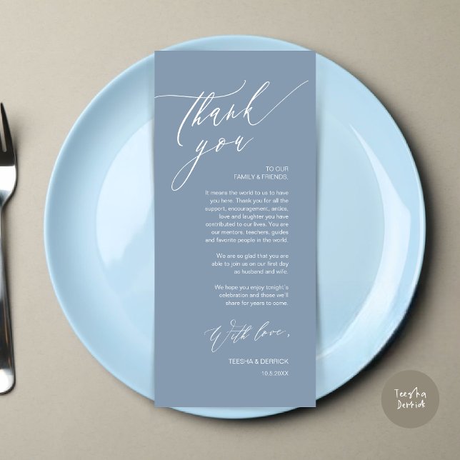 Romantic Wedding Place Setting Thank You Card (Romantic Wedding Dinner Place Setting Thank You Card, in Dusty Blue)