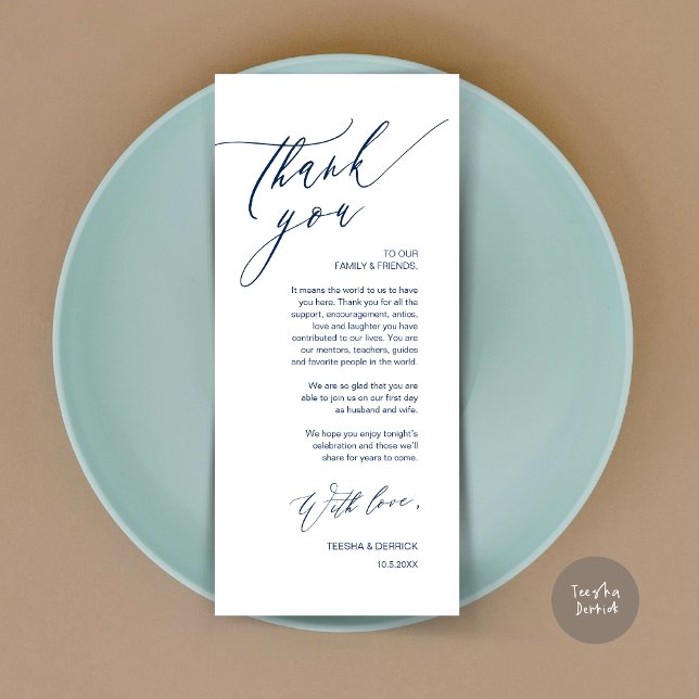 Romantic Wedding Place Setting Thank You Card (Romantic Wedding Dinner Place Setting Thank You Card, in Navy Blue)