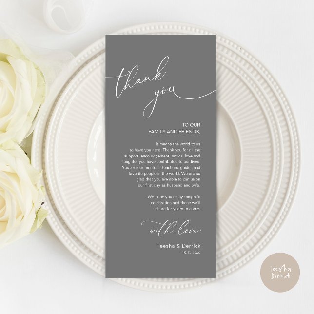 Romantic Wedding Place Setting Thank You Card (Modern Romantic Wedding Lunch, Brunch, Dinner Place Setting Thank You Card, in Dark Grey)