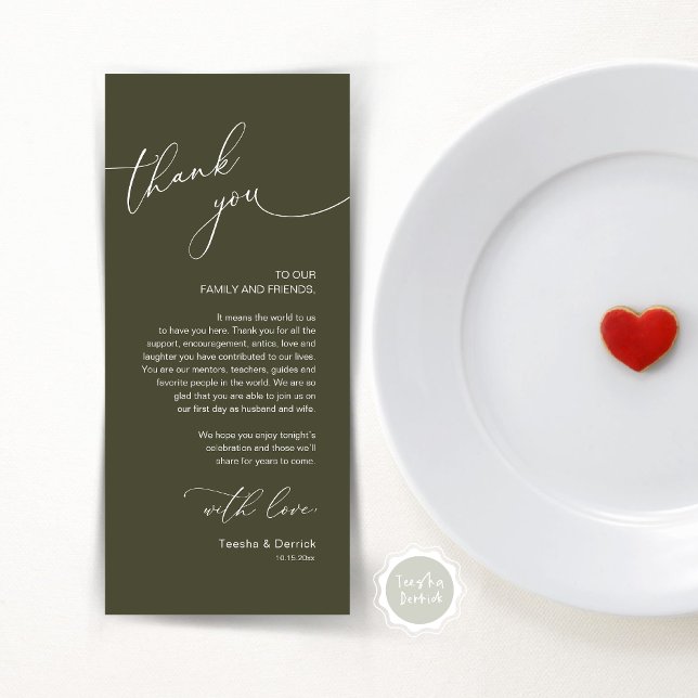 Romantic Wedding Place Setting Thank You Card (Modern Romantic Wedding Lunch, Brunch, Dinner Place Setting Thank You Card, in Olive Green)