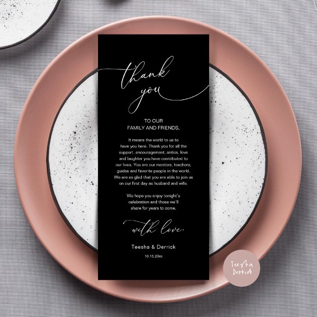 Romantic Wedding Place Setting Thank You Card (Modern Romance Wedding Dinner, Lunch and Brunch Place Setting Thank You Card, in Classy Black)