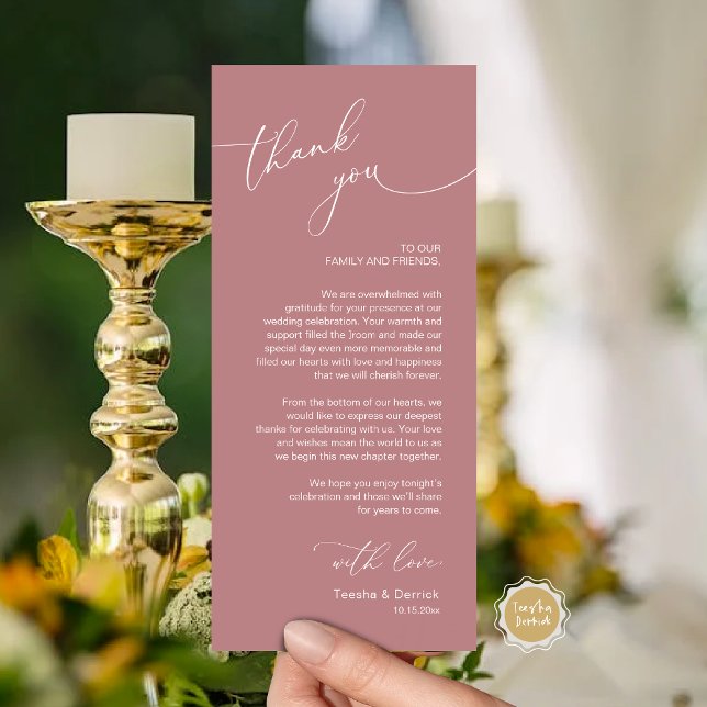 Romantic Wedding Place Setting Thank You Card (Wedding Dinner Place Setting Thank You Card, Modern Romantic Script, in Dusty Rose Pink)