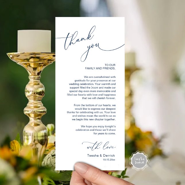 Romantic Wedding Place Setting Thank You Card (Wedding Dinner Place Setting Thank You Card, Modern Romantic Script, in Navy Blue)