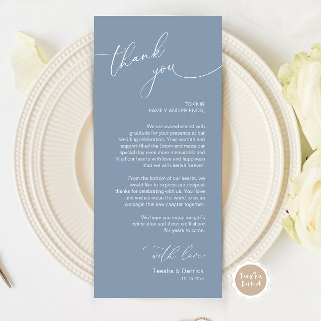 Romantic Wedding Place Setting Thank You Card (Wedding Dinner Place Setting Thank You Card, Modern Romantic Script, in Dusty Blue)