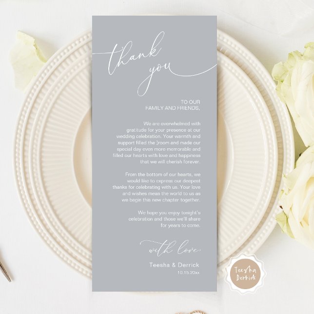 Romantic Wedding Place Setting Thank You Card (Wedding Dinner Place Setting Thank You Card, Modern Romantic Script, in Contemporary Chill Grey)