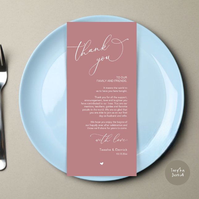 Romantic Wedding Place Setting Thank You Card (Modern Romantic Wedding Dinner Place Setting Thank You Card, Plate Decor, in Dusty Rose Pink)
