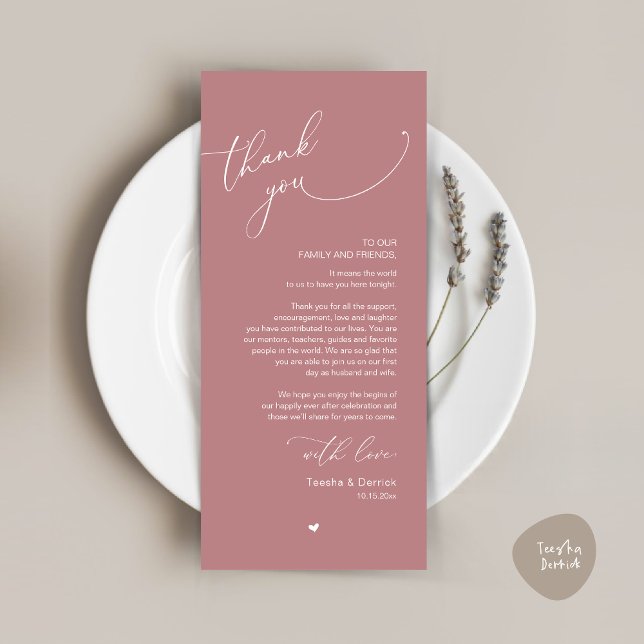 Romantic Wedding Place Setting Thank You Card (Modern Romantic Wedding Dinner Place Setting Thank You Card, Plate Decor, in Dusty Rose Pink)