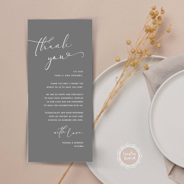 Romantic Wedding Place Setting Thank You Card (Romantic Minimalist Wedding Dinner Place Setting Thank You Card, in Summer Dark Grey)