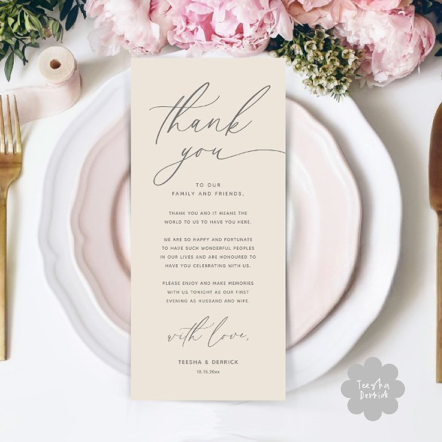 Romantic Wedding Place Setting Thank You Card (Romantic Wedding Place Setting Modern Dinner Brunch Lunch Party Thank You Card in Classy Cream Grey)