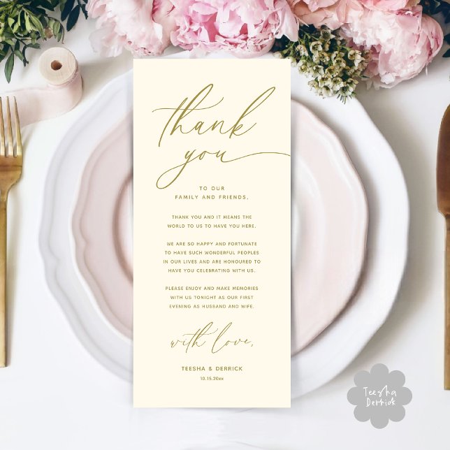 Romantic Wedding Place Setting Thank You Card (Romantic Wedding Place Setting Modern Dinner Brunch Lunch Party Thank You Card in Classy Yellow Gold)