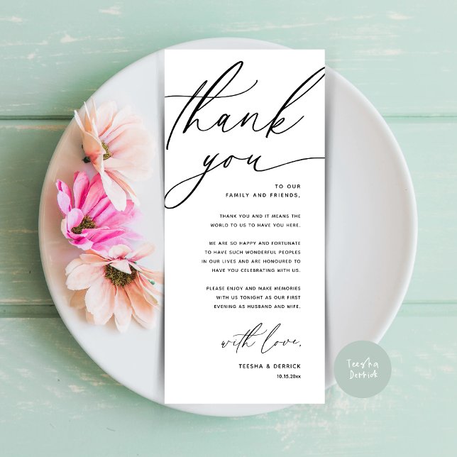 Romantic Wedding Place Setting Thank You Card (Romantic Wedding Place Setting Modern Dinner Brunch Lunch Party Thank You Card in Black White)