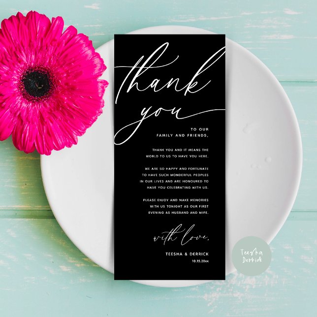 Romantic Wedding Place Setting Thank You Card (Romantic Wedding Place Setting Modern Dinner Brunch Lunch Party Thank You Card in Classy Black White)